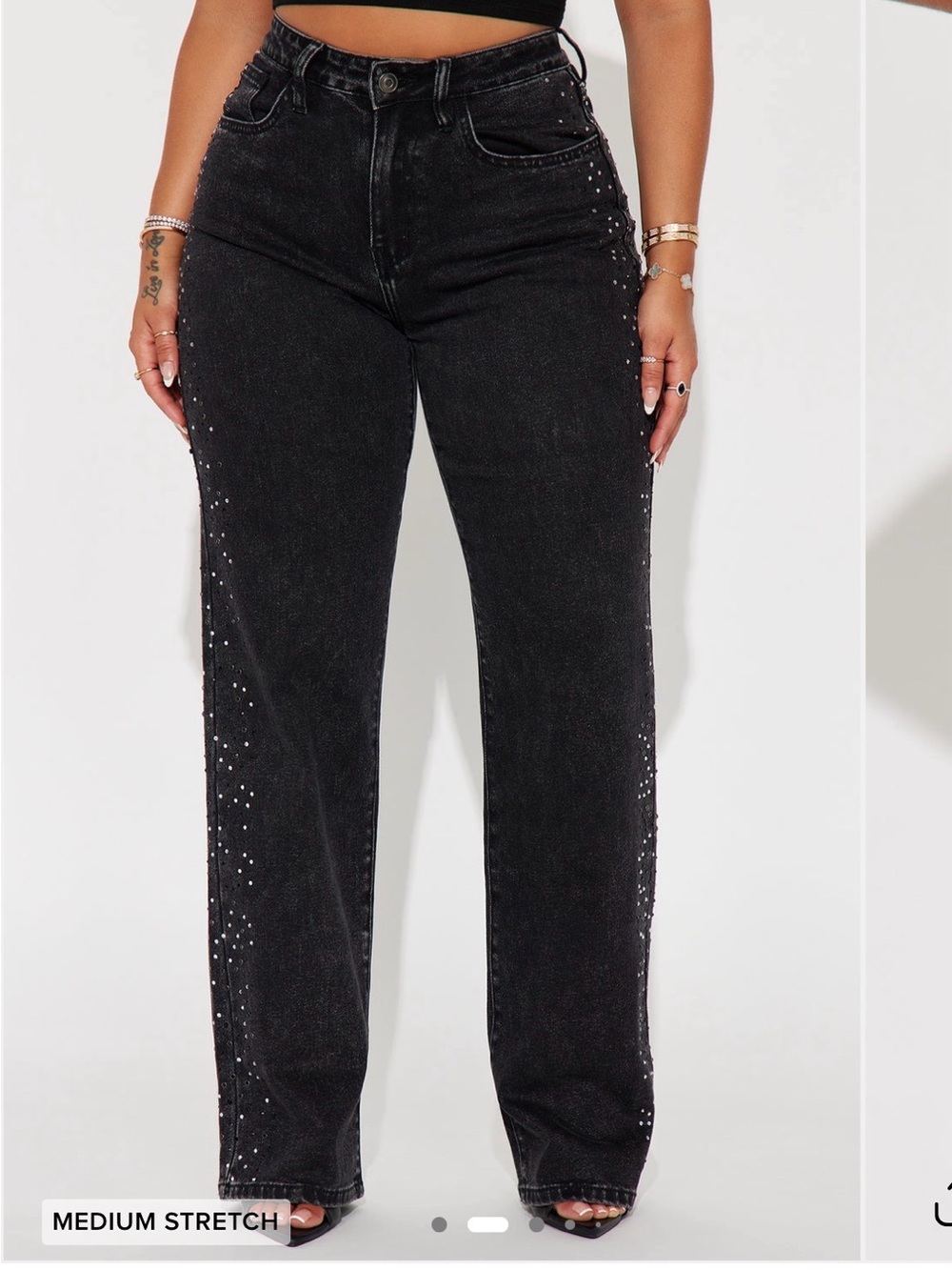 Fashion Nova Black Straight Leg Jeans with Side Rhinestones